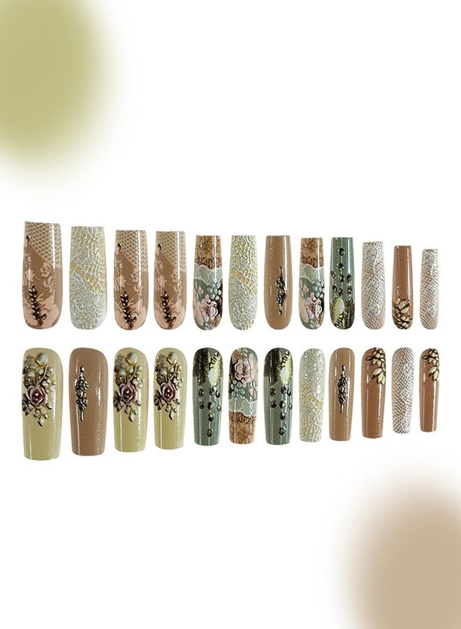 CJDLTS Flower Press on Nails Medium Ballet Shaped Rose Floral Lace Pattern Design Full Cover Glossy Acrylic False Nail Artificial Press Ons Fake Nail DIY Reusable Glue on Nails for Women 24Pcs - Image 3